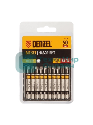 Набор бит Denzel TORX 25х50, сталь S2, шестигранный профиль, 10 шт.