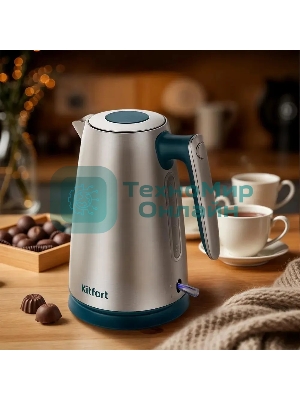 Чайник электрический Kitfort КТ-8725 1.7 л, 2200 Вт, нержавеющая сталь/бирюзовый корпус: нерж.сталь/пластик