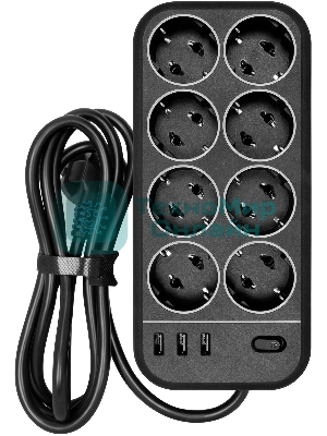 Сетевой фильтр Powercom SP-08 USB03AB 1,8 m 1.8м, 8 розеток, черный, коробка