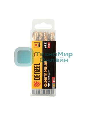 Сверло по металлу Denzel 8,5 мм, HSS-Tin, Golden Tip, 8 шт.