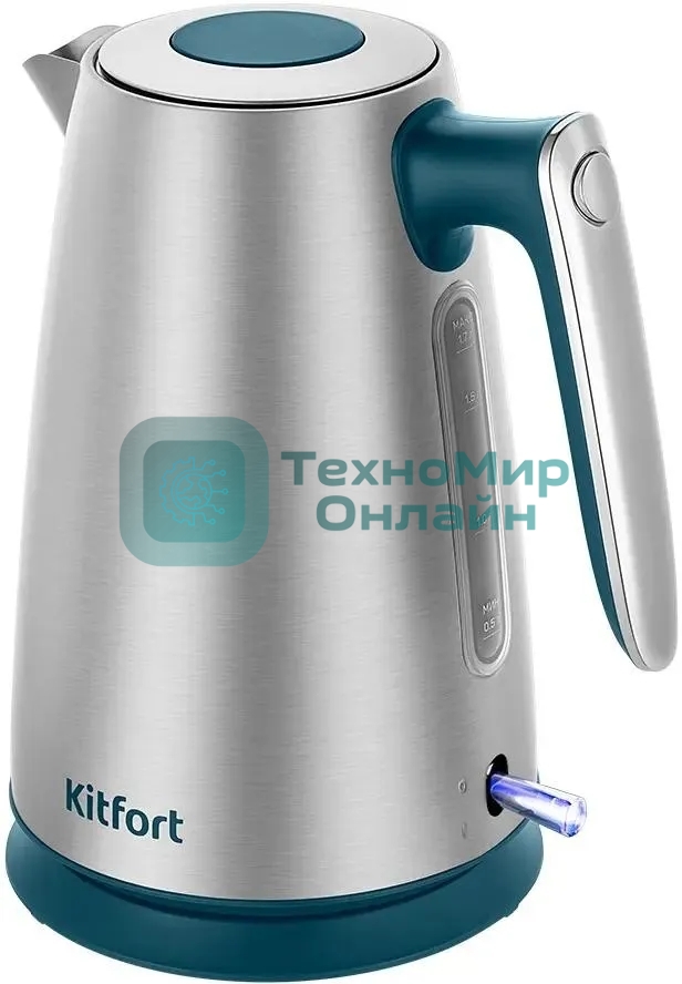 Чайник электрический Kitfort КТ-8725 1.7 л, 2200 Вт, нержавеющая сталь/бирюзовый корпус: нерж.сталь/пластик