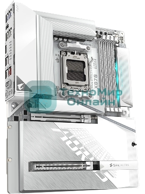 Материнская плата Gigabyte X870 AORUS STEALTH ICE, AM5, AMD X870, 4xDDR5, 2xSATA, 4xM.2, 1xPCIe 5.0 x16, 1xPCIe 4.0 x16, 1xHDMI, 1x5Gb LAN, Wi-Fi 7, Bluetooth 5.4, 2xUSB-C 40Gbps (USB4), 1xUSB-C 10Gbps, 4xUSB-A 10Gbps, 4xUSB-A 5Gbps, 4xUSB-A 2.0, 3x3.5 мм + S/PDIF оптический, 7.1, ATX