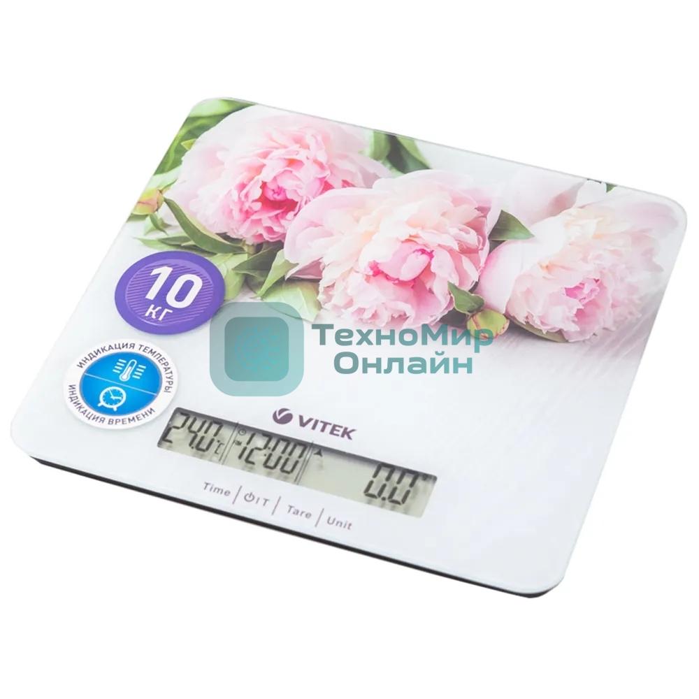 Весы кухонные Vitek VT-2414 (MC) цветы 1. Максимальный вес 10 кг, 2. Цена деления 1 г 3. Размер LCD дисплея 95х18 мм