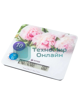 Весы кухонные Vitek VT-2414 (MC) цветы 1. Максимальный вес 10 кг, 2. Цена деления 1 г 3. Размер LCD дисплея 95х18 мм