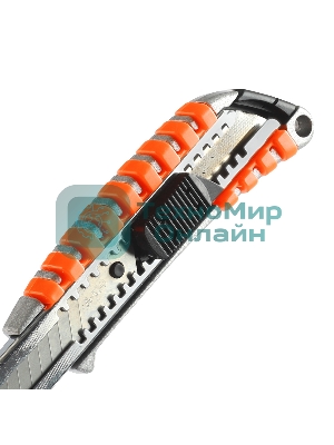 Нож строительный PATRIOT CKP-183, с выдвижным сегментированным лезвием, автофиксатор, двухкомпонентный алюминиевый корпус, 18мм