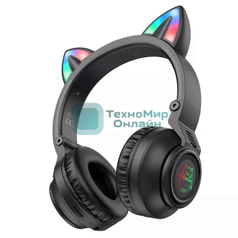 Беспроводные/проводные наушники Borofone BO18 черный, накладные, Bluetooth + проводной, кошачьи ушки, до 12 ч
