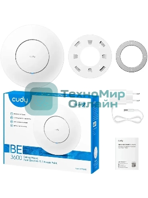 Точка доступа Wi-Fi CUDY BE3600 Wi-Fi 7 2 5G Access Point BE3600 Dual Band Ceiling Mount Wi-Fi 7 Access Point, Chipset Broadcom, 802.11be/ax/ac/a/b/g/n, 2880Mbps at 5GHz +688Mbps at 2.4GHz, 1 x 2.5G RJ45 Port, MU-MIMO, Support 12V DC or 802.3at PoE or Passive PoE, Internal Antennas, 12V DC adapter included, Cudy