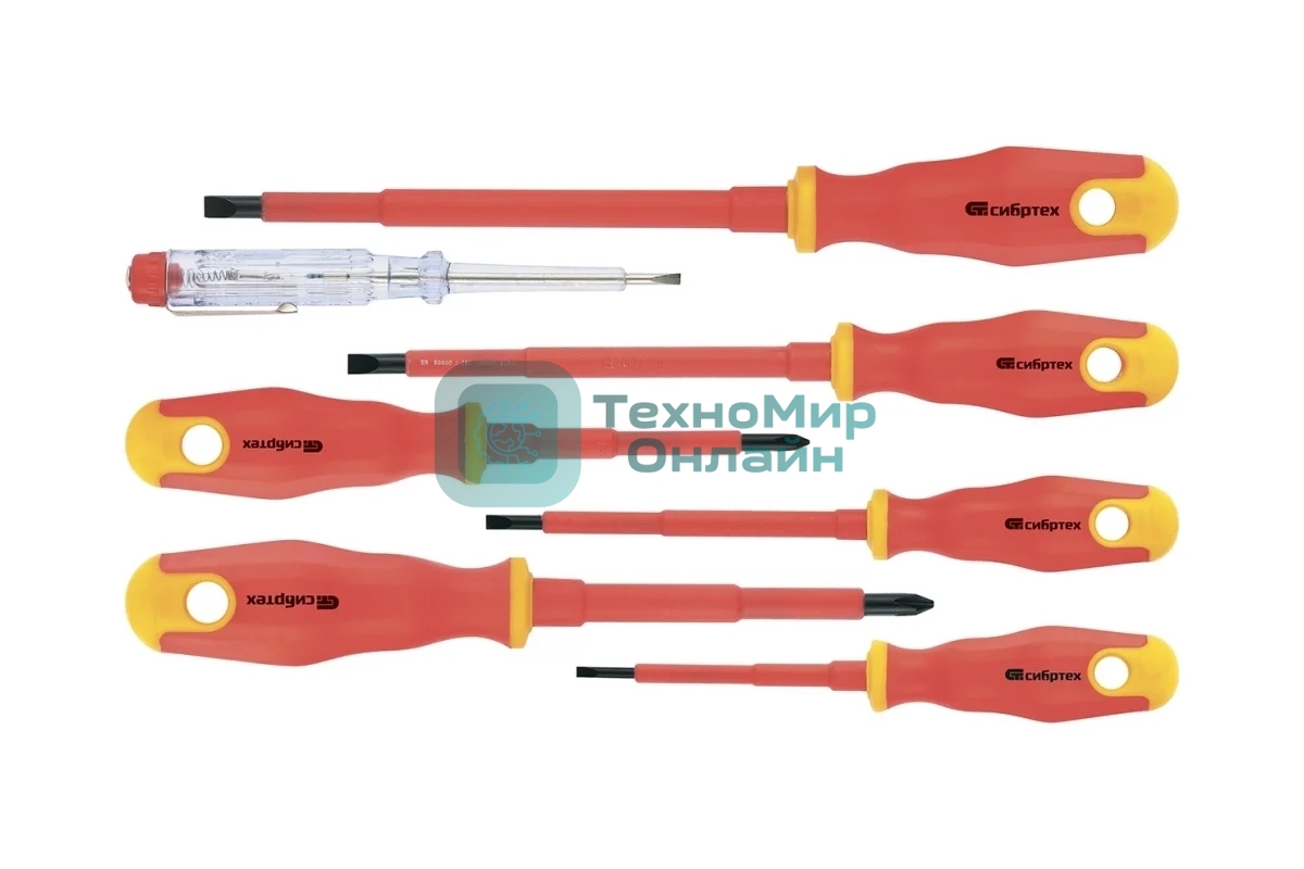 Набор отверток Сибртех диэлектрических до 1000в тестер crv двухкомпонентные рукоятки (7 шт.)