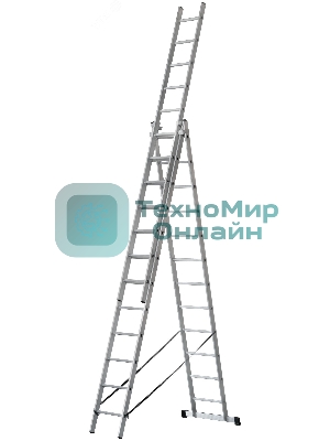 Лестница трехсекционная алюминиевая усиленная, 3 х 12 ступеней, H=343/594/841 см, вес 17.83 кг