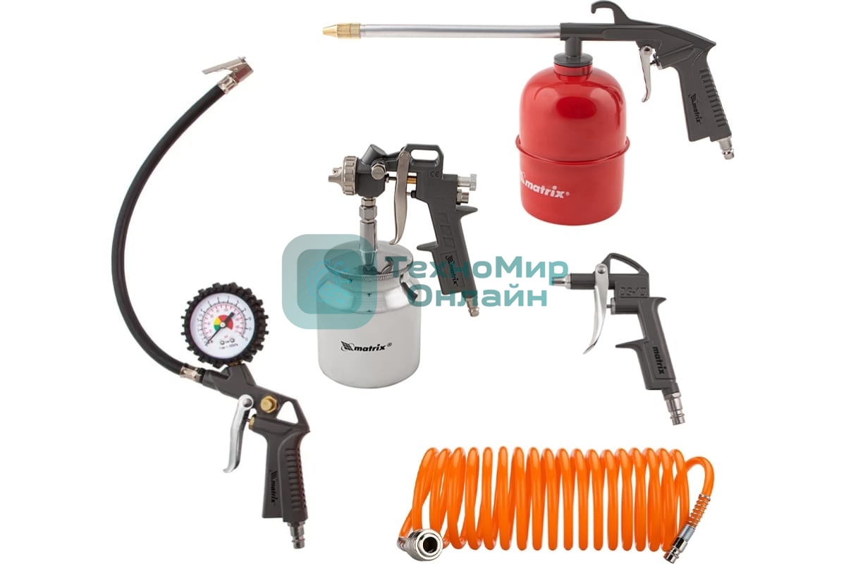Набор пневмоинструмента Matrix, 5 предметов, быстросъемное соед., краскорасп. с нижним бачком