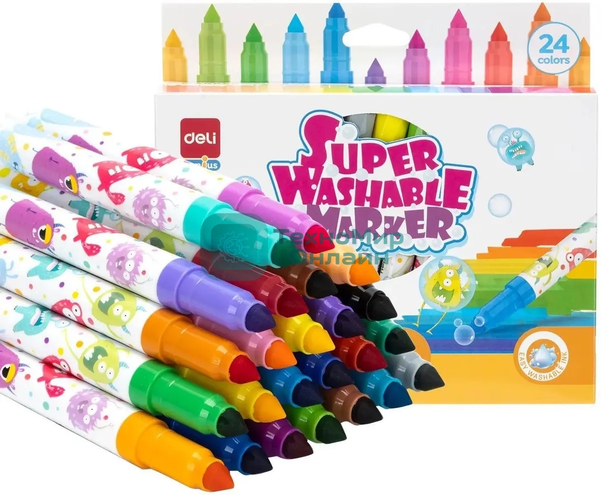 Фломастеры Deli EC155-24, пулевидный пишущий наконечник, 24 цвета, коробка с европодвесом