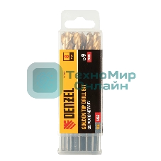 Сверло по металлу Denzel 9 мм, HSS-Tin, Golden Tip, 8 шт.