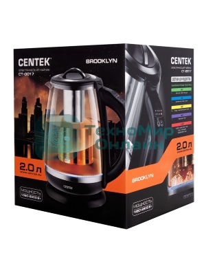Электрочайник Centek CT-0017 черный, 2 л, 2200 Вт, скрытый нагревательный элемент, поддержание температуры