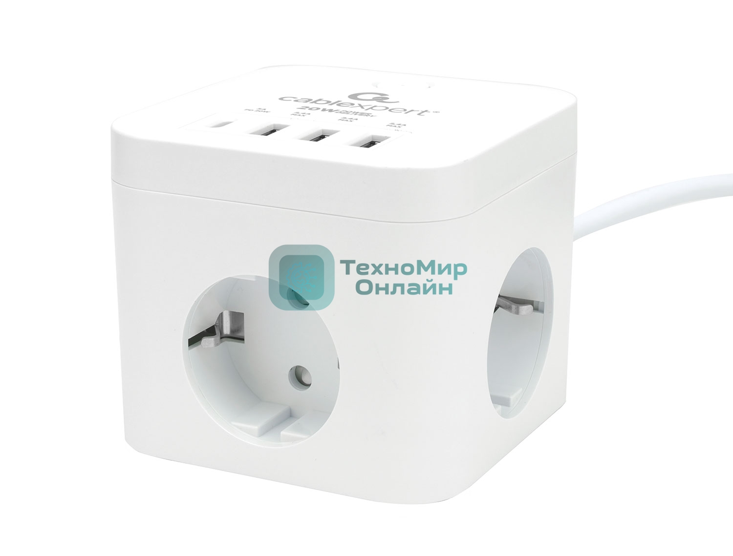 Сетевой фильтр Cablexpert Cube CUBE-3-CU3-W-1.5, 3 р, 10А, 1xType-C PD, 3xUSB, 1.5 м, ур.защиты 4+, белый, коробка
