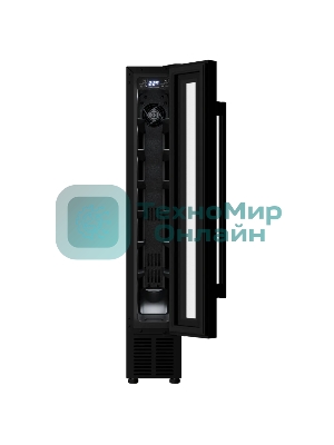 Винный шкаф Kuppersberg RBW 15, встраиваемый, High-Tech, ВхШхГ 87х15х52.5 см, объем 20 л, вместимость 7 бутылок, диапазон температуры 5-20 градусов, механическое открытие двери, LED дисплей, уровень шума 39 дБ, черный