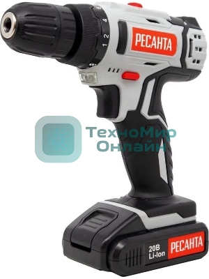 Дрель-шуруповерт Ресанта ДА-20-2ЛК, 20 В, 2 Ач, 55 Нм, щеточный