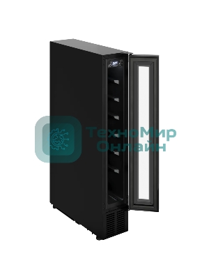 Винный шкаф Kuppersberg RBW 15, встраиваемый, High-Tech, ВхШхГ 87х15х52.5 см, объем 20 л, вместимость 7 бутылок, диапазон температуры 5-20 градусов, механическое открытие двери, LED дисплей, уровень шума 39 дБ, черный