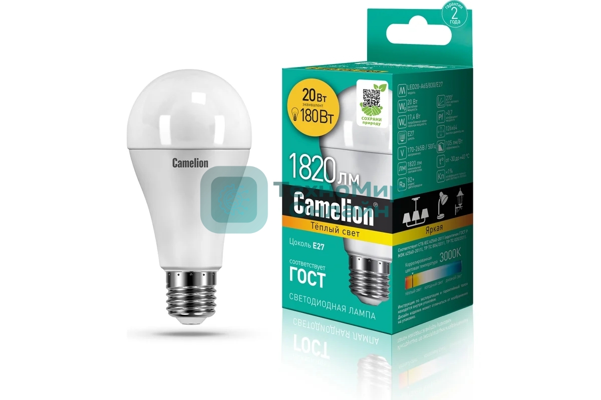 Лампа cветодиодная Camelion LED20-A65/830/E27 20Вт 220В 13164