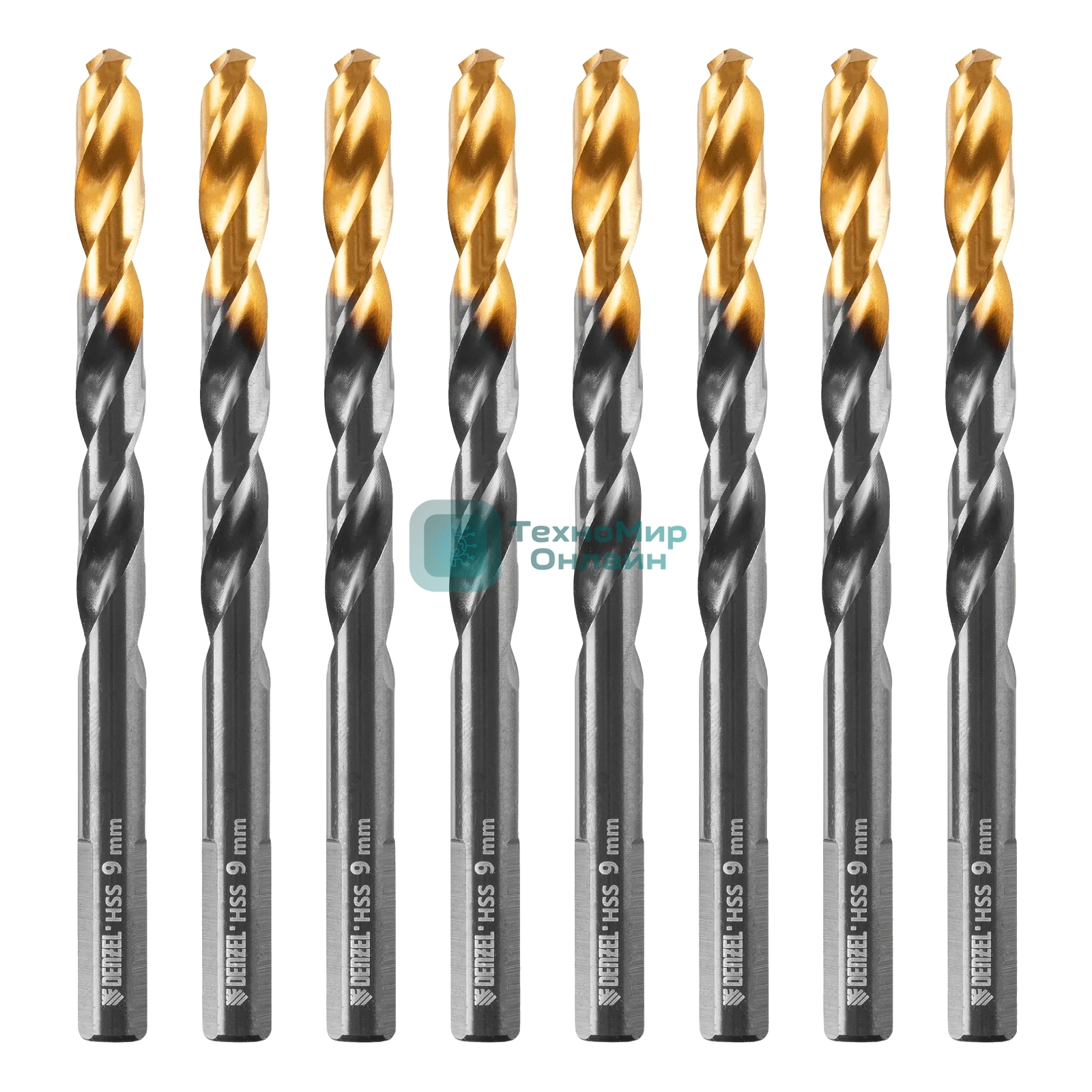 Сверло по металлу Denzel 9 мм, HSS-Tin, Golden Tip, 8 шт.
