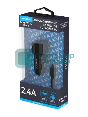 Автомобильное зарядное устройство Maxvi CCM-PS242 Plus T 2хUSB 2.4А + кабель Type-C 1м, черный
