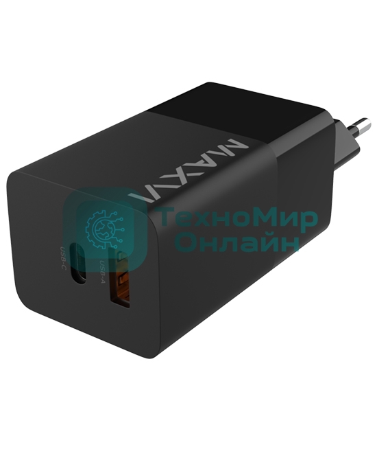 Сетевое зарядное устройство Maxvi A482GN 65W, 1xUSB-A, 1xUSB-C, черный