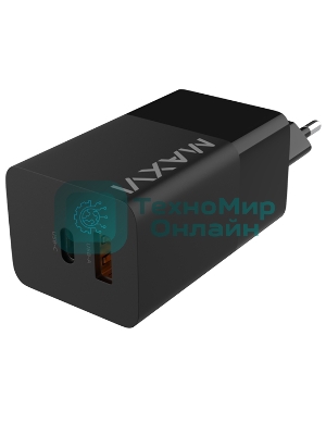 Сетевое зарядное устройство Maxvi A482GN 65W, 1xUSB-A, 1xUSB-C, черный