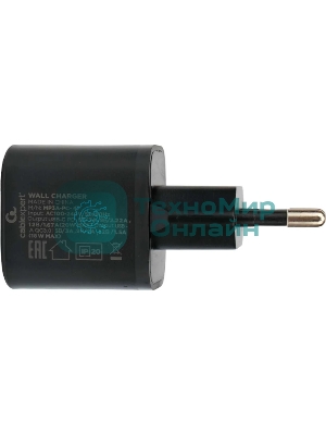 Сетевое зарядное устройство Cablexpert 20Вт, 3А, QC3.0/PD, 1xUSB, 1xType-C, черный, пакет