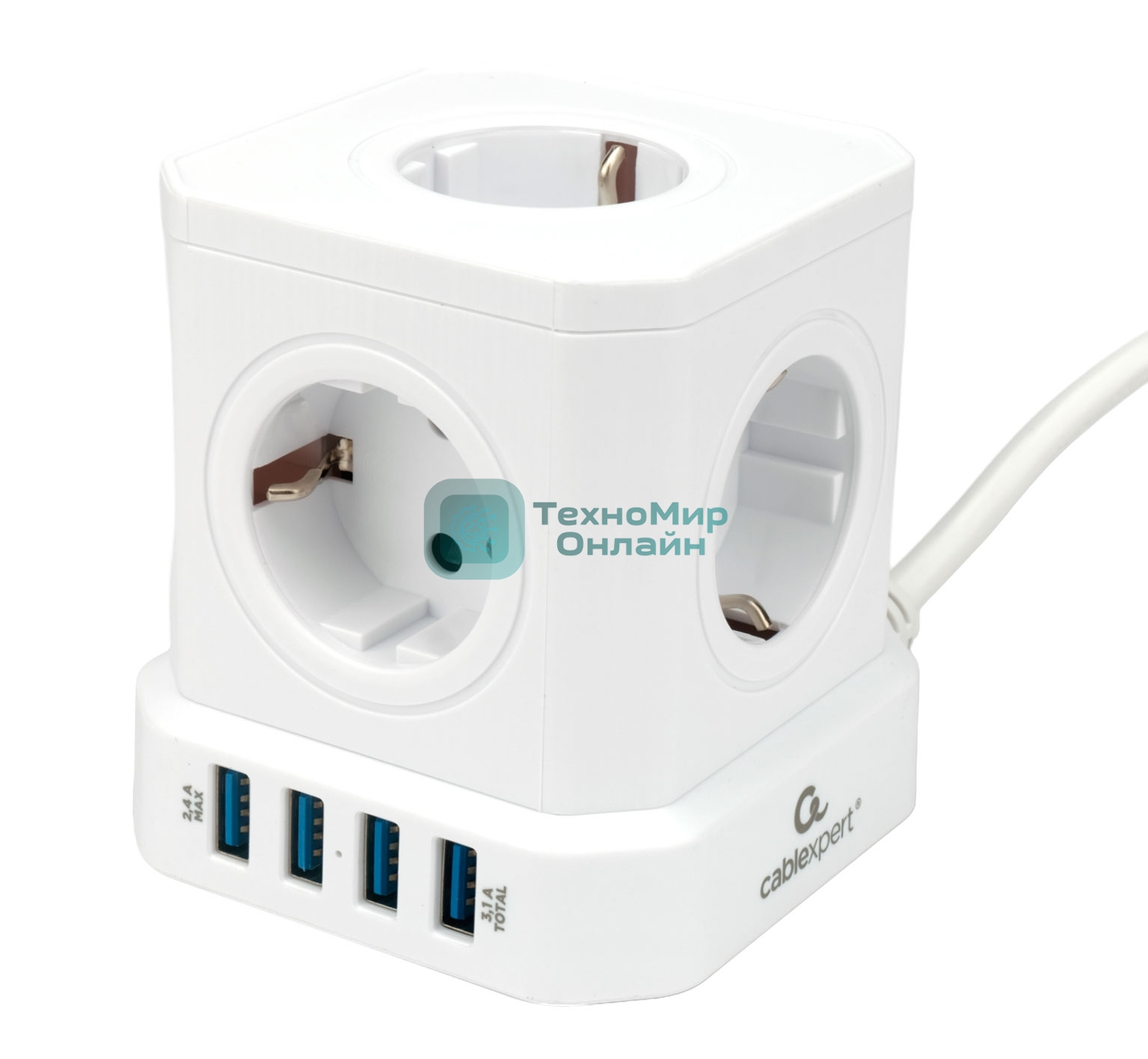 Сетевой фильтр Cablexpert Tower TWR-5-U4-W-2, 5 р, 10А, 4хUSB, 3.1А, 2 м, ур.защиты 4+, белый, коробка