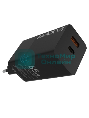 Сетевое зарядное устройство Maxvi A482GN 65W, 1xUSB-A, 1xUSB-C, черный
