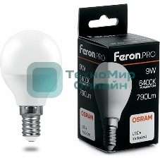 Лампа светодиодная Feron PRO LB-1409 9вт Е14 дневной матовый шар