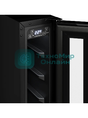 Винный шкаф Kuppersberg RBW 15, встраиваемый, High-Tech, ВхШхГ 87х15х52.5 см, объем 20 л, вместимость 7 бутылок, диапазон температуры 5-20 градусов, механическое открытие двери, LED дисплей, уровень шума 39 дБ, черный