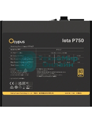 Блок питания 750W Ocypus Iota P750 (ATX, 80 PLUS Gold, APFC, 20+4 pin, 120мм fan, PCI-E 6+2Px3, 8xSATA) (Iota-P750-G1FFBK024X-EU)