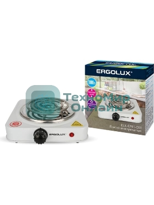Плита настольная электрическая Ergolux ELX-EP01-C01 белый, 1 кВт, ТЭН, конфорки - 1, эмаль, поворотные переключатели