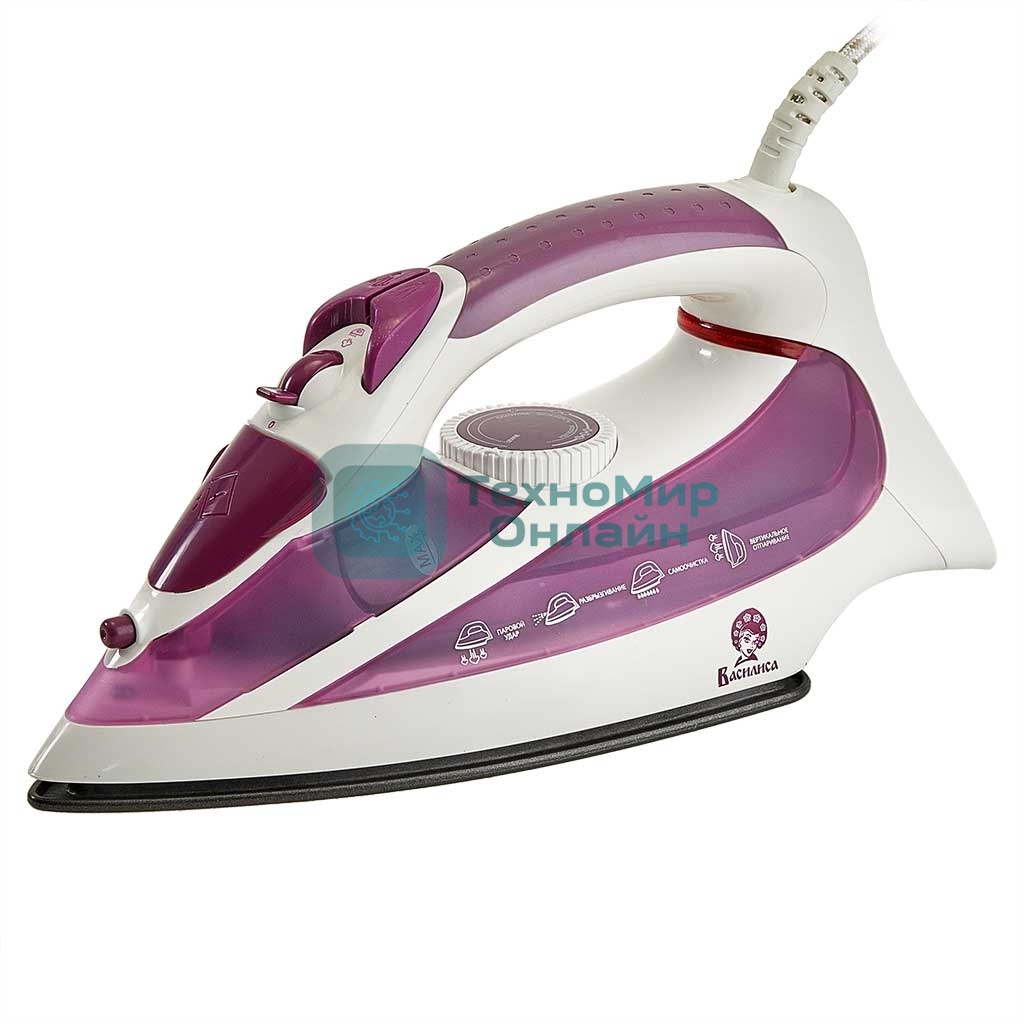 Утюг ВАСИЛИСА У3-2000 белый с сиреневым (2000 Вт. Тефлоновое покрытие подошвы. Индикатор нагрева утюга. Терморегулятор. 3 режима: сухое глажение, отпаривание, разбрызгивание воды. Возмож-ть регулировки степени отпаривания/вертикального отпаривания. Паровой удар, самоочистка.)