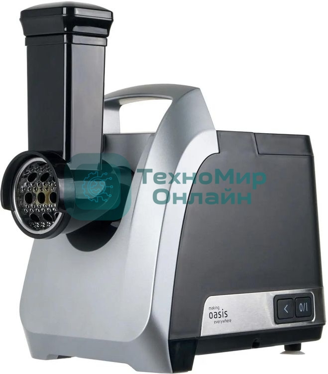 Мясорубка электрическая Oasis MG-TK3 серебряный, 2000 Вт, 2.5 кг/мин, реверс, защита от перегрузки, металлический лоток, насадки - 5