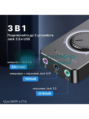 Внешняя звуковая карта Vention USB c регулятором громкости Черная