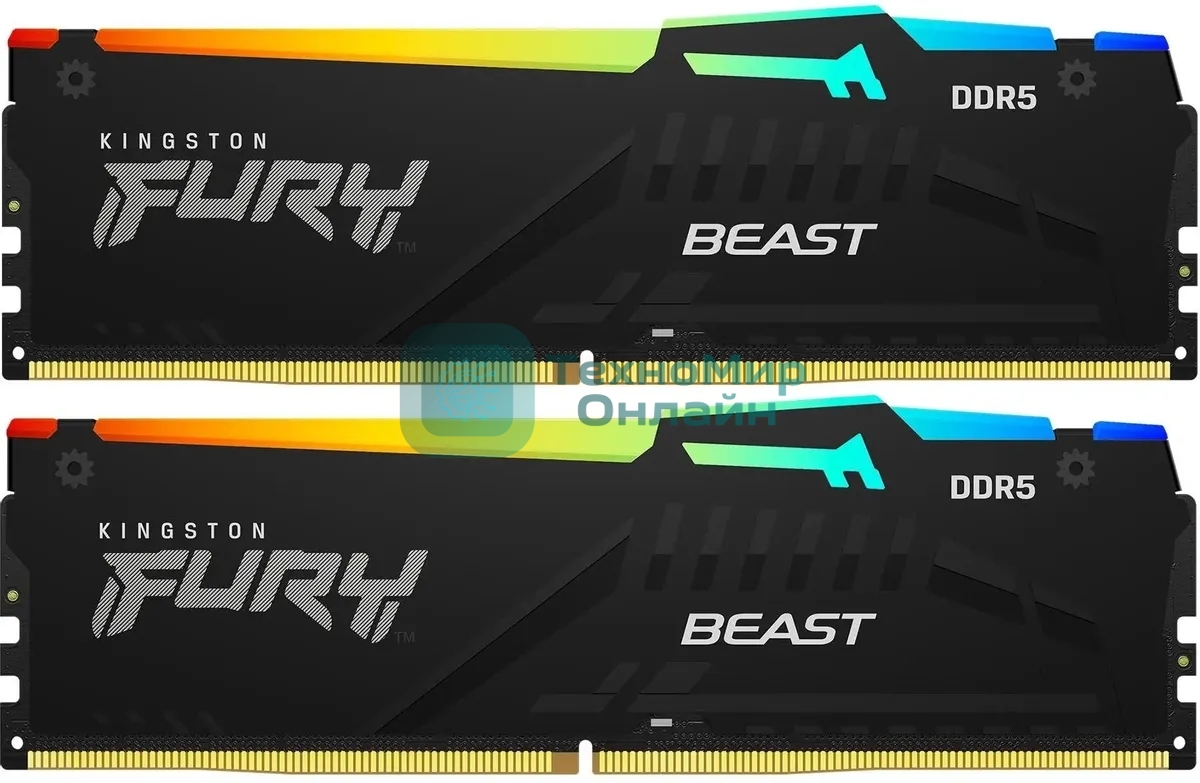 Оперативная память Kingston Fury Beast, DDR5, 32Gb (2x16GB), 5600MHz, CL36, DIMM, с радиаторами, RGB, черный