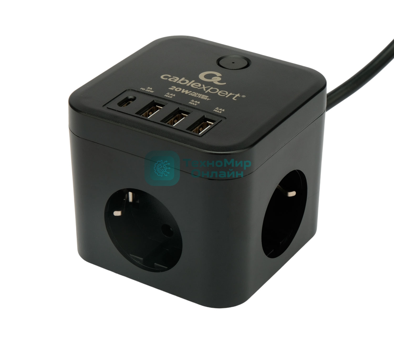 Сетевой фильтр Cablexpert Cube CUBE-3-CU3-B-1.5, 3 р, 10А, 1xType-C PD, 3xUSB, 1.5 м, ур.защиты 4+, черный, коробка