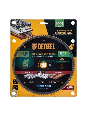 Пильный диск по алюминию Denzel ф255 х 30 мм, 100 зубьев