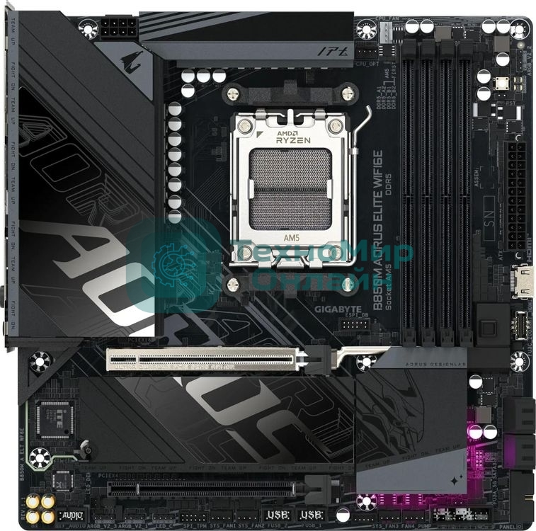 Материнская плата Gigabyte B850M AORUS ELITE WIFI6E, AM5, AMD B850, 4xDDR5, 4xSATA, 2xM.2, 1xPCIe 5.0 x16, 1xPCIe 3.0 x4, 1xDP (v1.4), 1x2.5Gb LAN, Wi-Fi 6E, Bluetooth 5.3, 2xUSB-C 10Gbps, 2xUSB-A 10Gbps, 5xUSB-A 5Gbps, 4xUSB-A 2.0, S/PDIF, 2x3.5 мм, 7.1, mATX