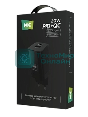 Сетевое зарядное устройство MORE CHOICE NC85 1USB+1Type-C 3.0A PD 20W+QC3.0, черный