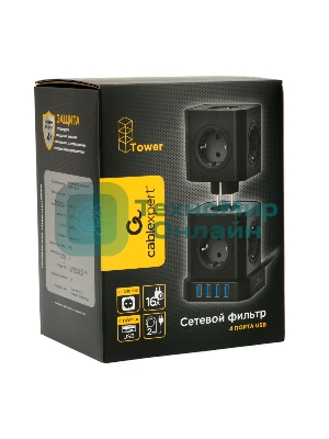 Сетевой фильтр Cablexpert Tower TWR-9-U4-B-2, 9 р, 16А, 4хUSB, 3.1А, 2 м, ур.защиты 4+, черный, коробка