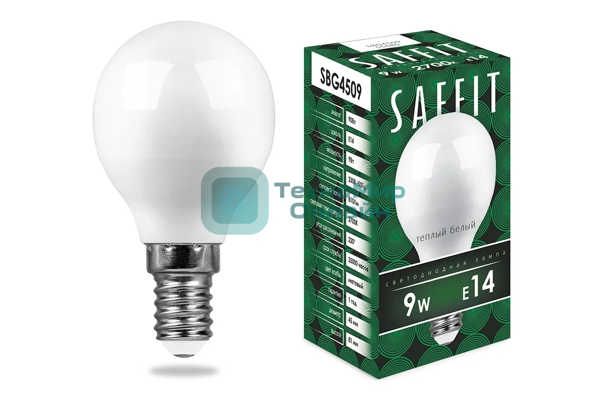 Лампа светодиодная SAFFIT SBG4509 (55080) 9Вт Е14 теплый матовый шар