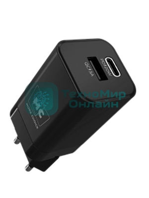 Сетевое зарядное устройство MORE CHOICE NC85 1USB+1Type-C 3.0A PD 20W+QC3.0, черный