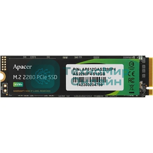 Накопитель SSD Apacer AS2280P4, 512Gb, M.2 2280, PCIe 3.0 x4, NVMe, R/W 2100/1500