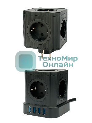 Сетевой фильтр Cablexpert Tower TWR-9-U4-B-2, 9 р, 16А, 4хUSB, 3.1А, 2 м, ур.защиты 4+, черный, коробка