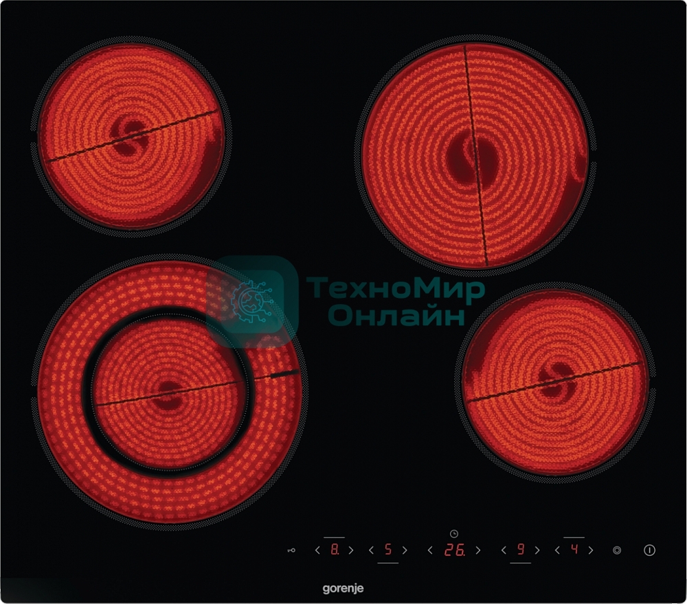 Варочная панель Gorenje ECT642BCSCE, 59 см, Hi-Light, 4 конфорки, таймер, сенсорное управление, шлифованный передний край, PowerBoost, дисплей, блокировка от детей, черный