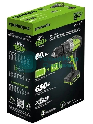 Дрель-шуруповерт GREENWORKS GD24DD60, 24 В, 0 Ач, 60 Нм, бесщеточный, ударный