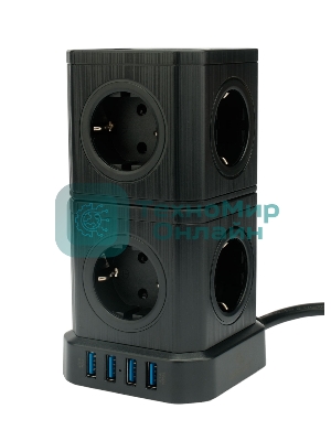 Сетевой фильтр Cablexpert Tower TWR-9-U4-B-2, 9 р, 16А, 4хUSB, 3.1А, 2 м, ур.защиты 4+, черный, коробка