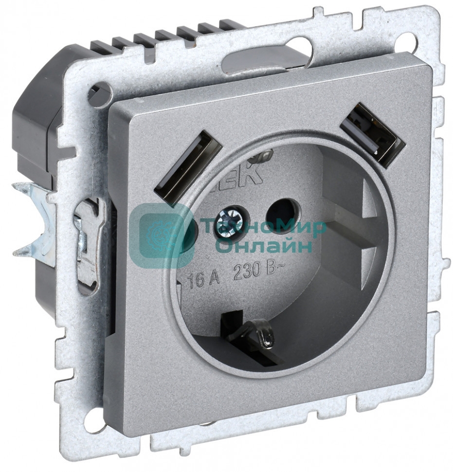 Розетка 1-местная IEK BRITE РЮш10-2-БрА (BR-R14-16-U21-D31-K47) с заземлением, с защитными шторками, 16А, с USB A+A 5В 3,1А, алюминий